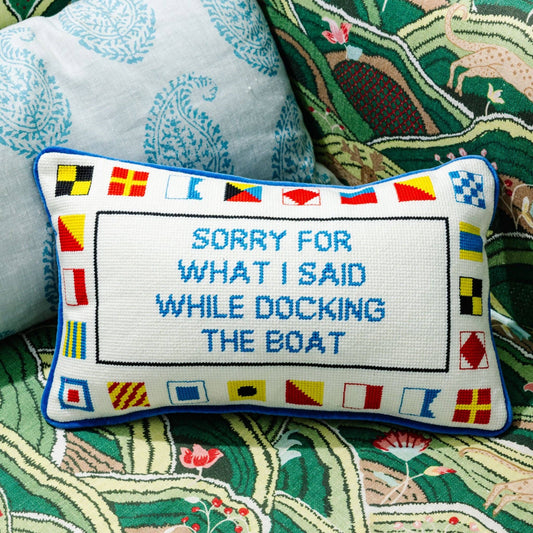 Furbish - Docking The Boat Needlepoint Pillow - Blue