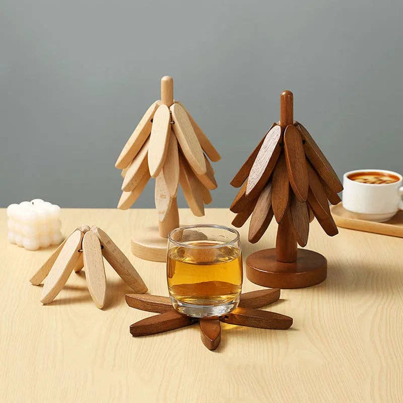 Wooden Tree Coaster Set: Walnut