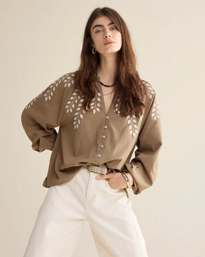 Summum - Blouse in linen-look cotton - Khaki