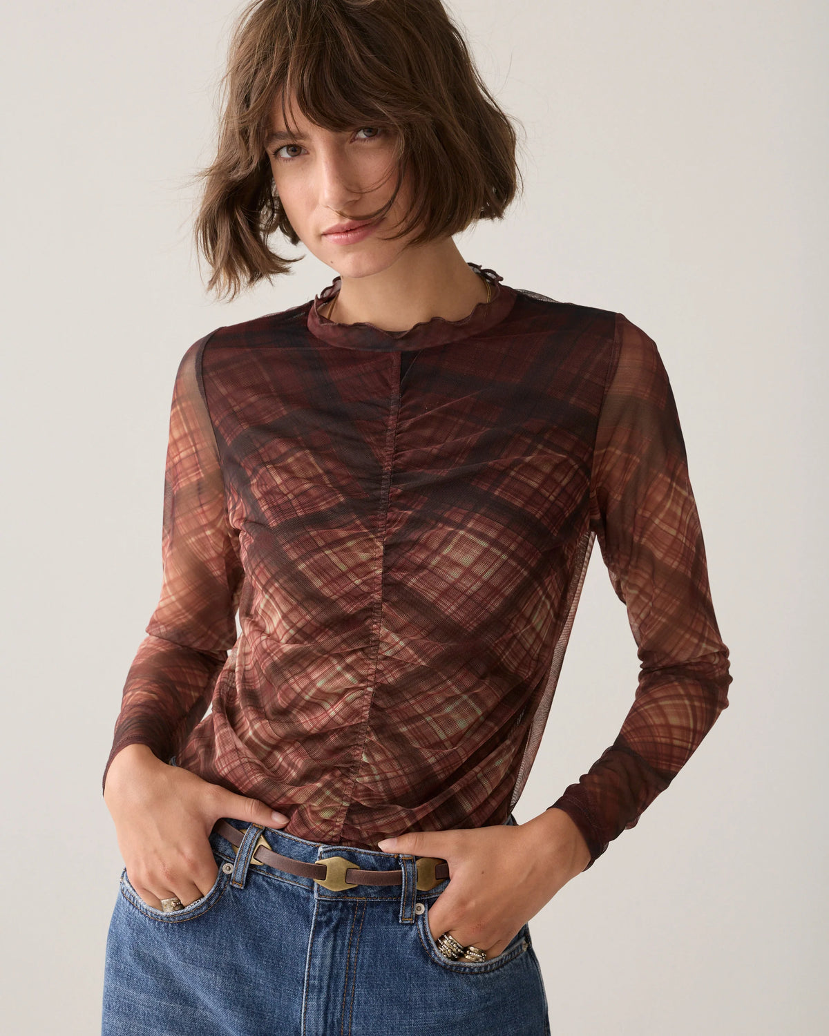 Summum - Mesh top with checked print - Dark Chocolate