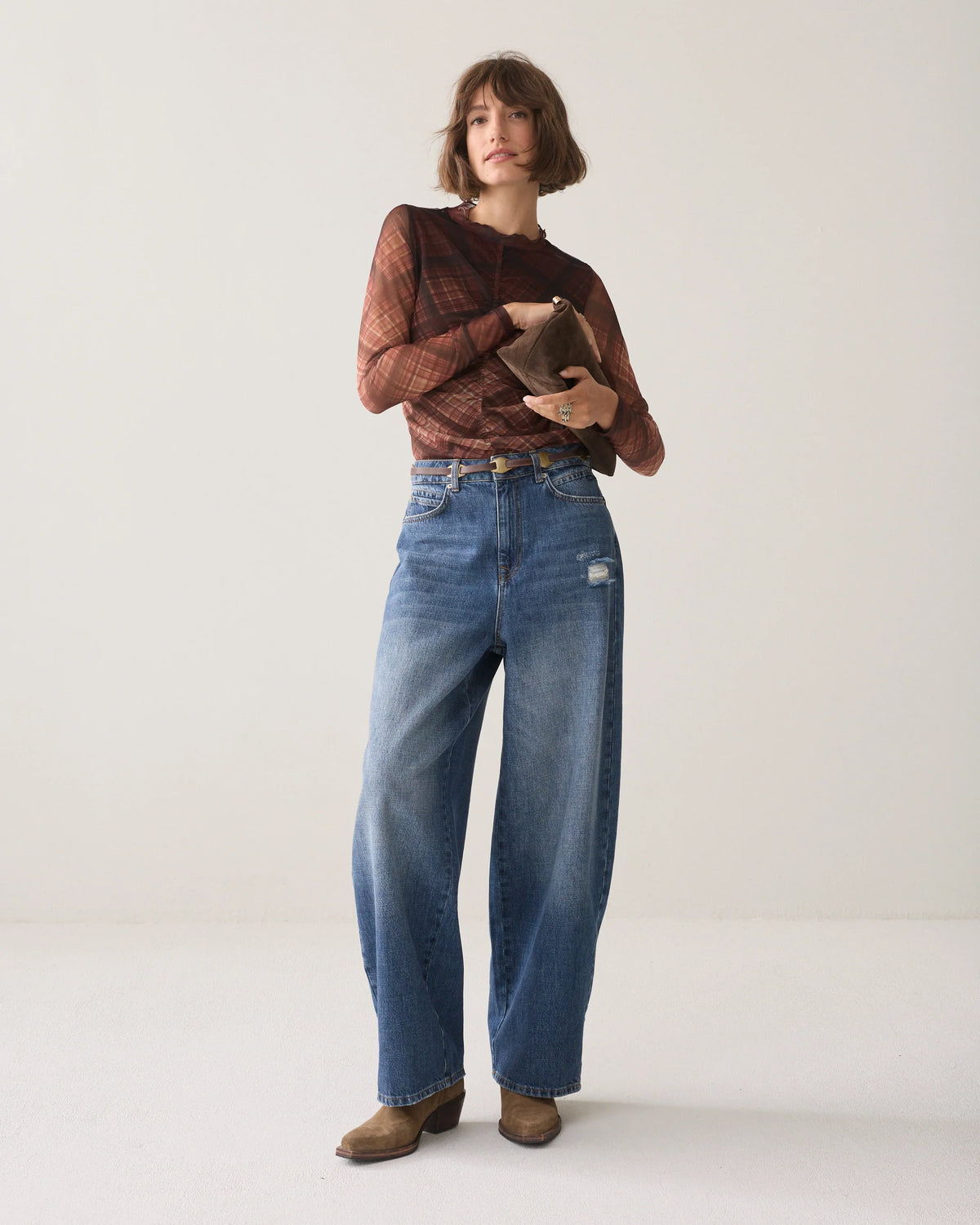 Summum - Mesh top with checked print - Dark Chocolate