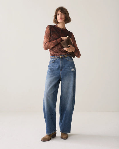 Summum - Mesh top with checked print - Dark Chocolate