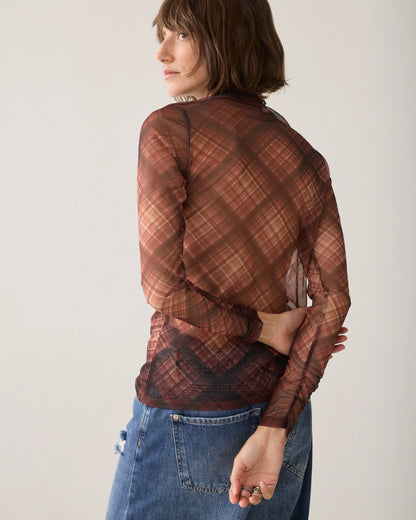 Summum - Mesh top with checked print - Dark Chocolate
