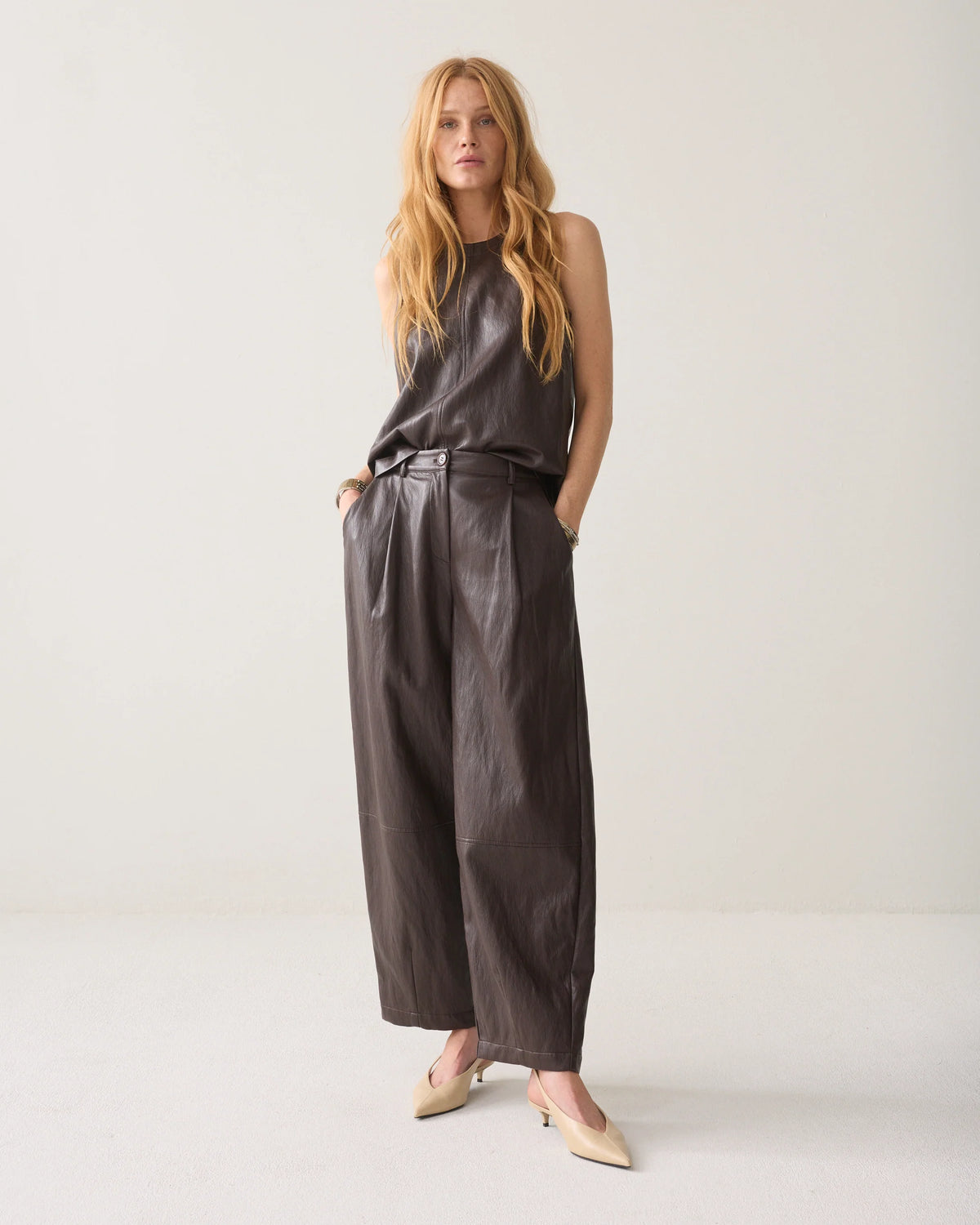 Summum - Wide-leg faux leather trousers - Dark Chocolate