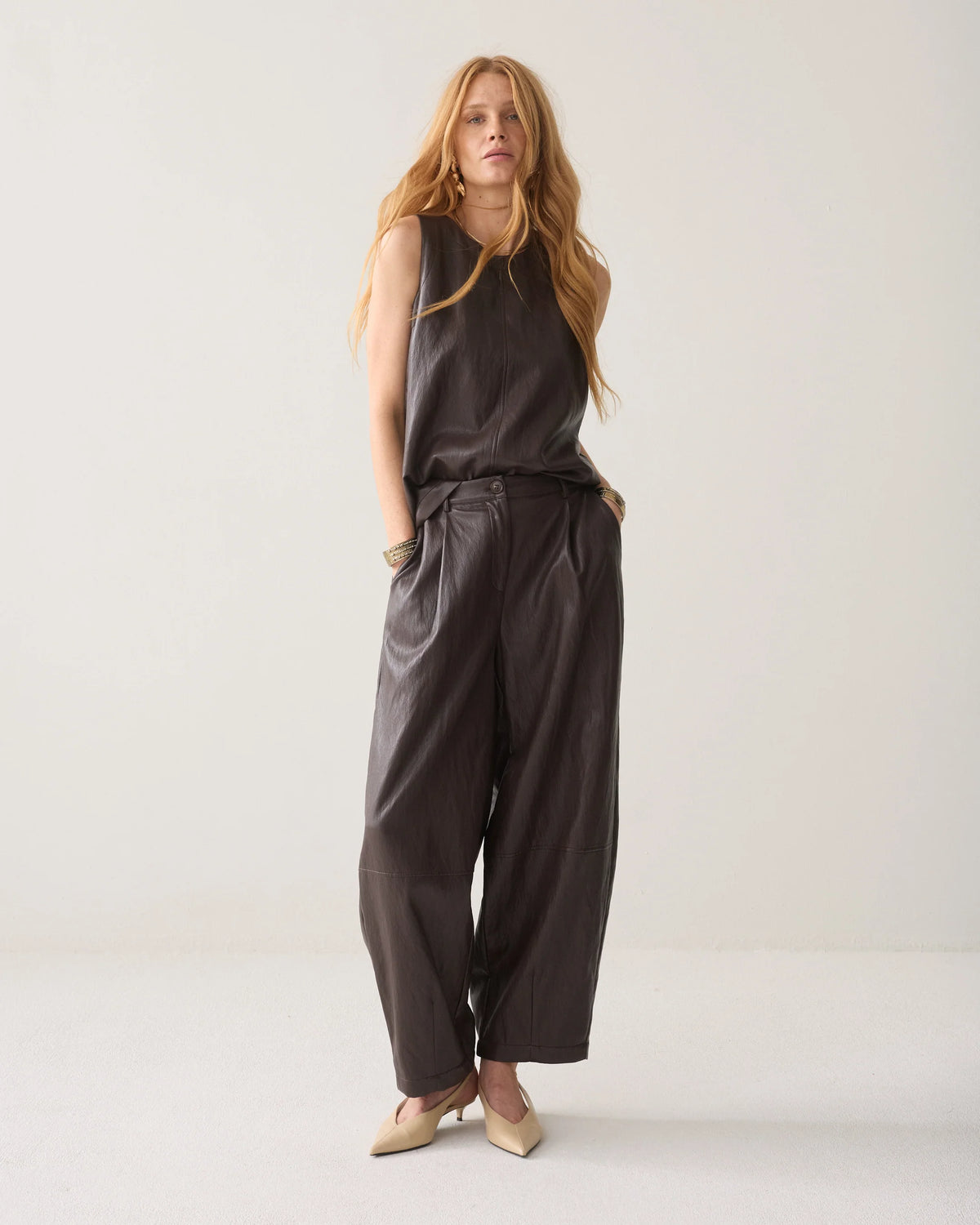 Summum - Wide-leg faux leather trousers - Dark Chocolate