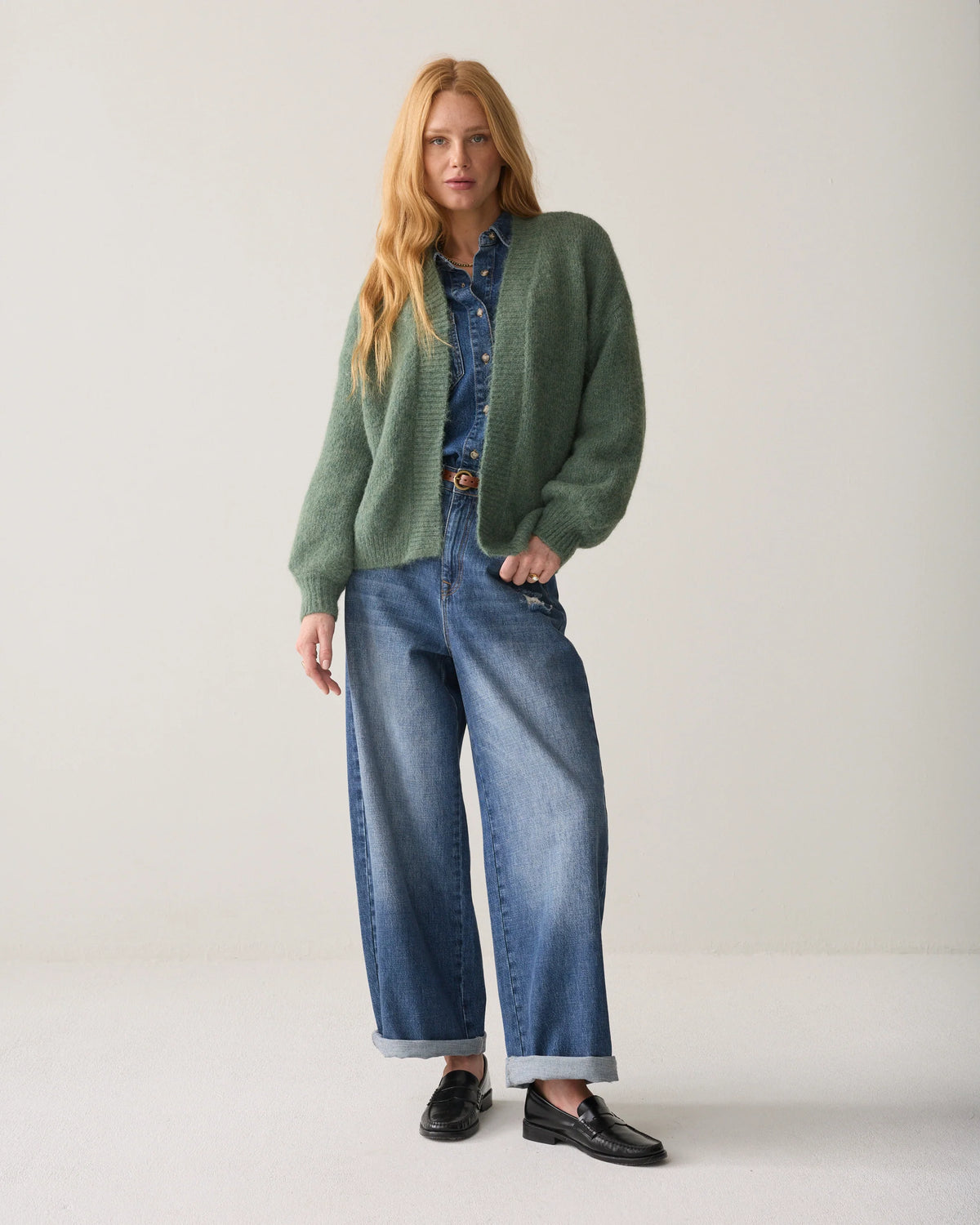Summum - Soft cardigan with puff sleeves - Thyme Green