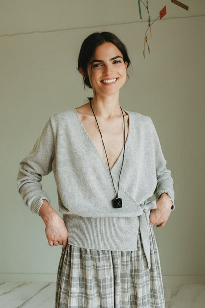 Indi & Cold - Crossover Knit Cardigan - Light Grey