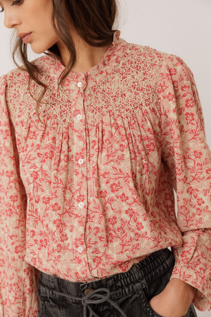 Indi & Cold - Shirt Camisa Bordado Smock - Rojo