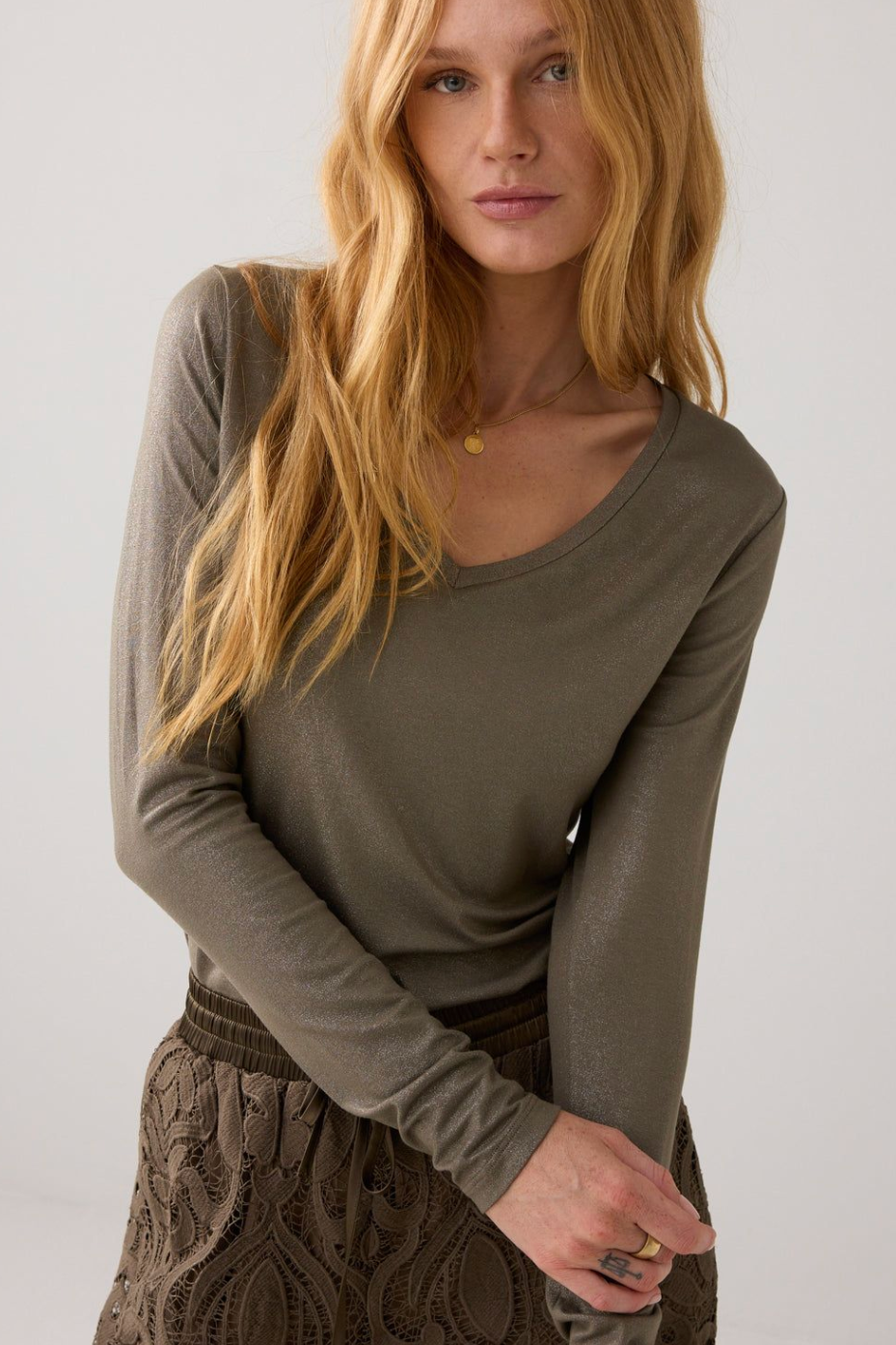 Summum-metallic-long-sleeve-v-neck-top-taupe-model-front-view