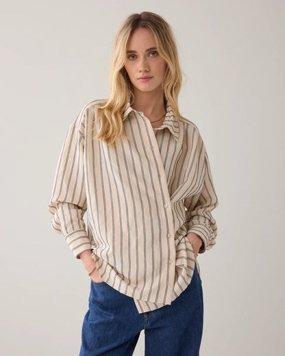 Summum - Adjustable Chenille Blouse - Ivory Midnight Blue Stripe