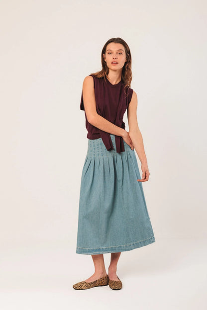 Indi & Cold - Pleated Denim Skirt - Super Stone