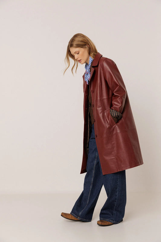 Indi & Cold - Long Faux Leather Coat - Berry