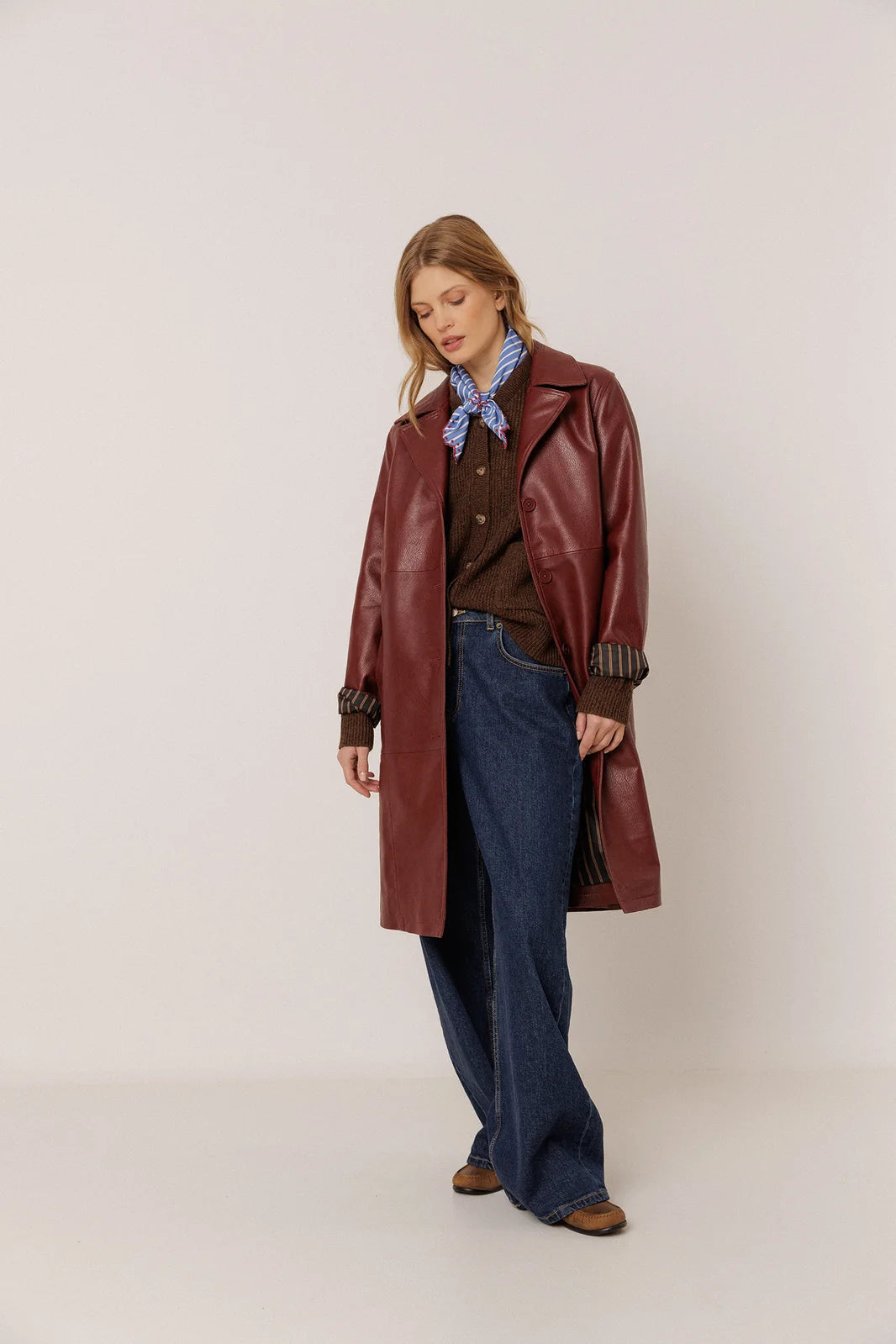 Indi & Cold - Long Faux Leather Coat - Berry