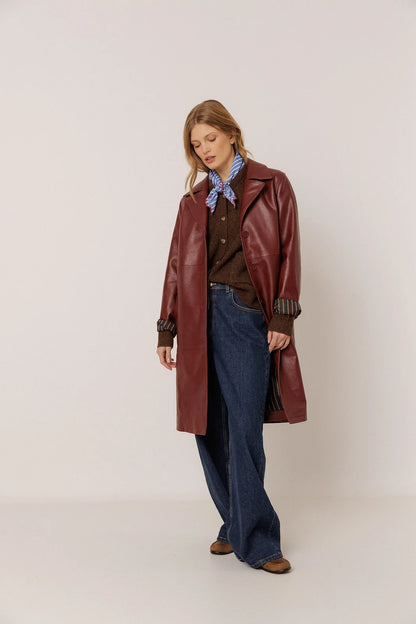 Indi & Cold - Long Faux Leather Coat - Berry