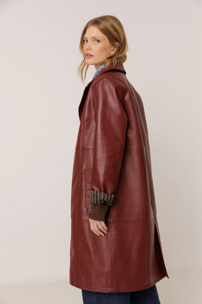 Indi & Cold - Long Faux Leather Coat - Berry