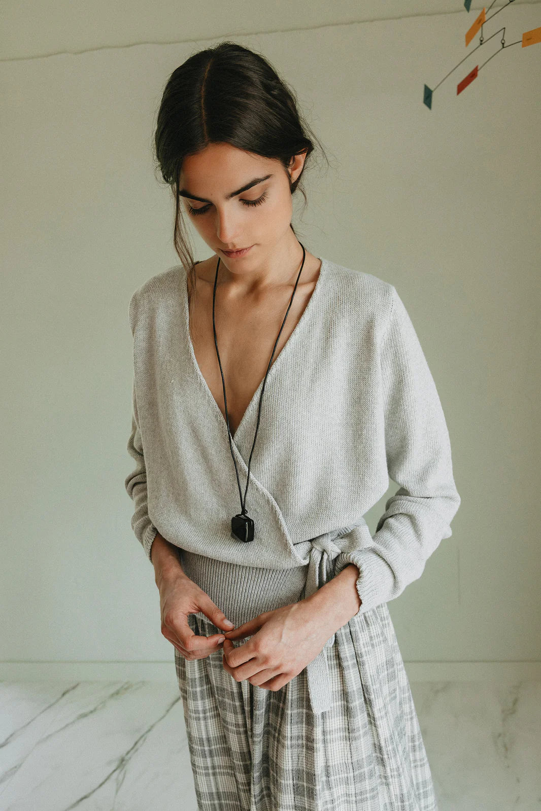 Indi & Cold - Crossover Knit Cardigan - Light Grey